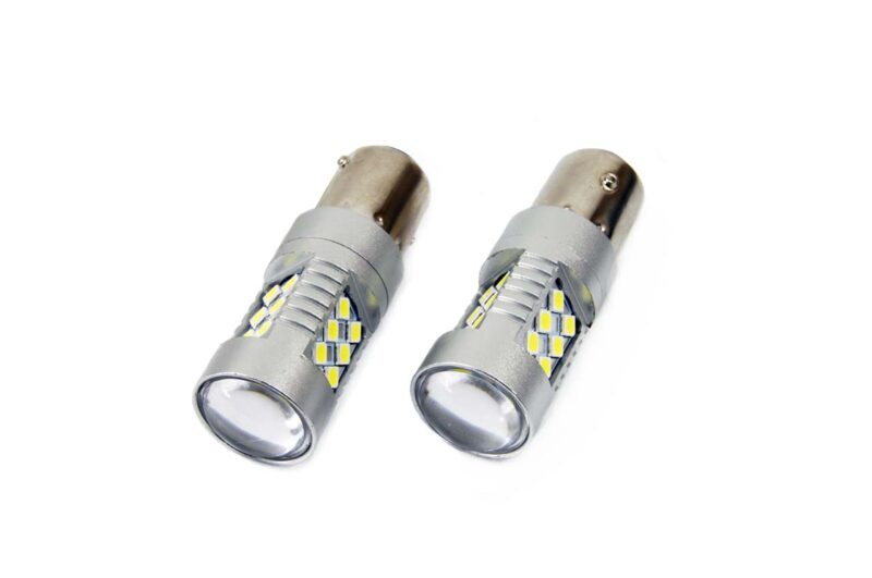 Set becuri auto cu led canbus compatibil P21W BA15S 24 SMD 6.2W Alb 12/24V, destinat competitiilor auto sau off-road