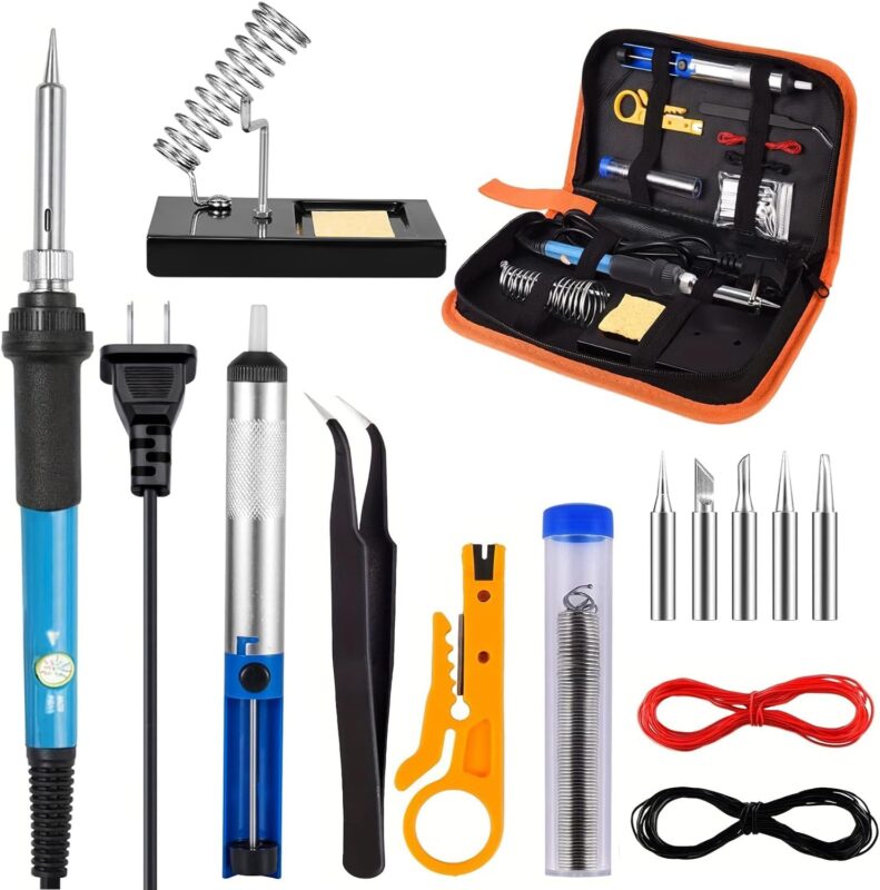 Set Profesional 15 Piese pentru Lipire – Pistol de Lipit, Suport cu Arc, Varfuri Interschimbabile, Pompa cositor, Penseta si Accesorii Complete in Husa Portabila