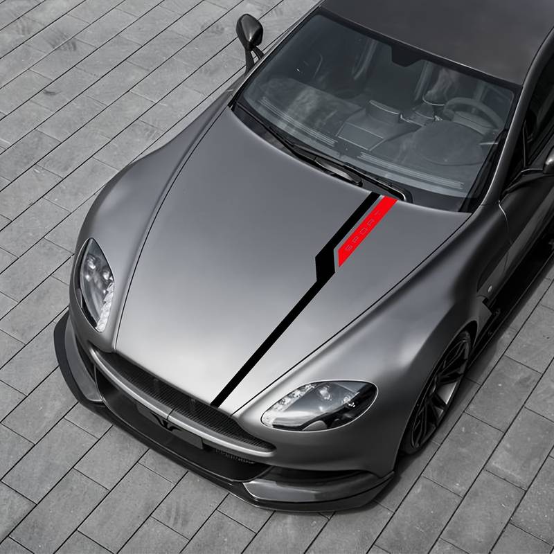Set sticker autoadeziv Tuning in doua culori, model „Hood Stripes V3”, dimensiune 130 x 10 cm, culoare Negru + Rosu
