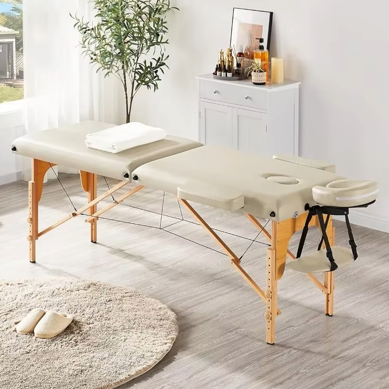 Masa de masaj pliabila, 2 zone, cadru lemn, spuma 5cm, inaltime 55-76cm, piele ecologica, dimensiuni 60x213cm, culoare Crem