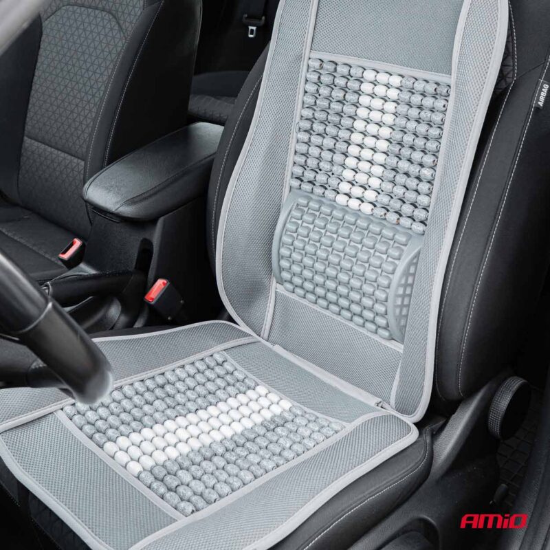 Husa scaun auto cu bile de masaj, suport lombar si tetiera, dimensiuni 131 x 46 cm, culoare Gri