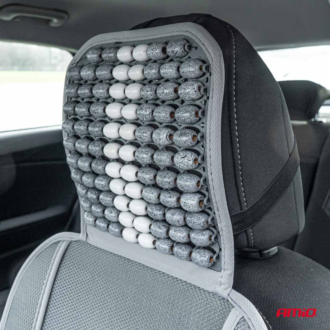 Husa scaun auto cu bile de masaj, suport lombar si tetiera, dimensiuni 131 x 46 cm, culoare Gri
