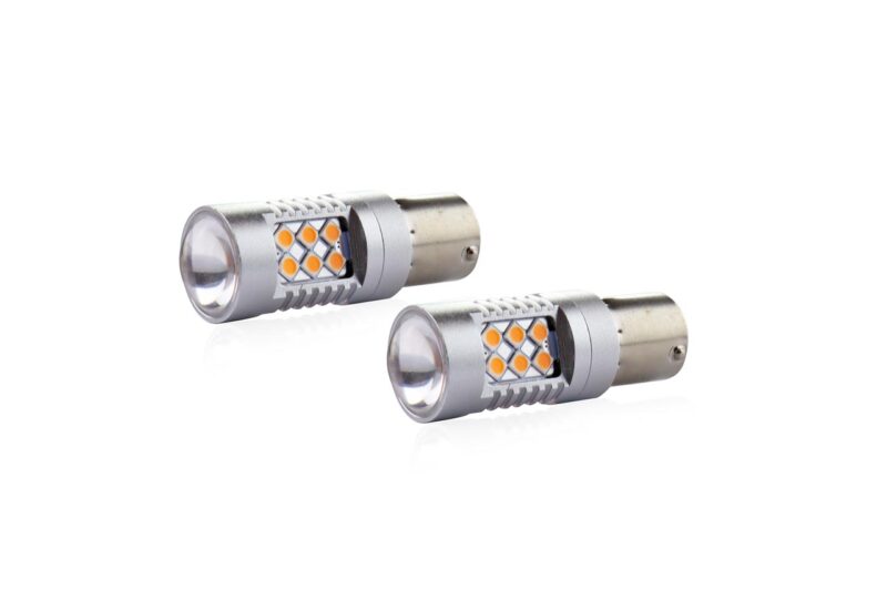 Set becuri auto cu led canbus compatibil P21W BA15S 24 SMD 6.2W Orange 12/24V, destinat competitiilor auto sau off-road