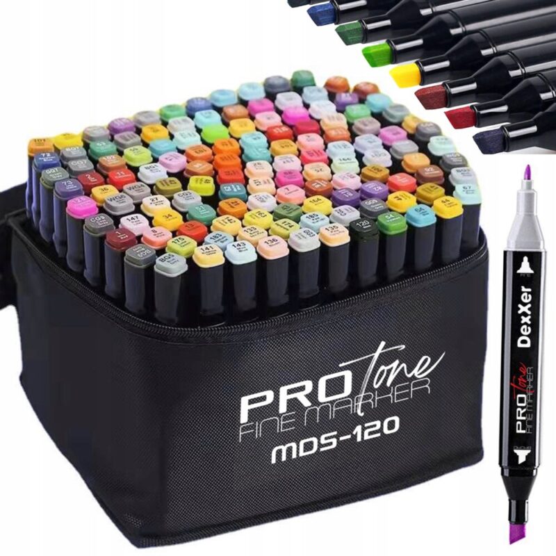 Set 120 Markere Profesionale pentru pasionatii de desen, cu cap dublu gros – subtire, cu geanta de depozitare, model avx-wt-mds-120