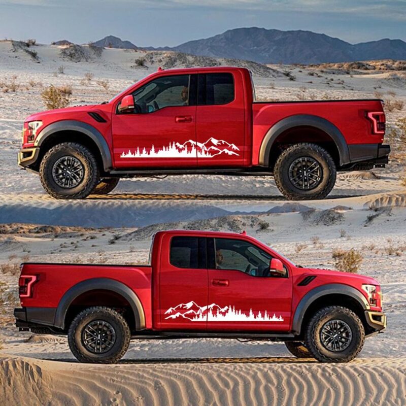 Set 2 stickere autoadezive pentru vehicule Off Road, model „Forest & Mountains”, dimensiune 100 x 20 cm, culoare Alba