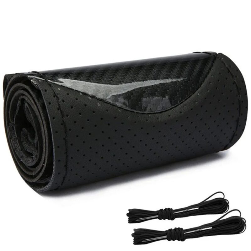 Husa volan din Piele Neagra Perforata + Carbon Black si ata neagra pentru cusut, marime M, diametru 37 – 39 cm