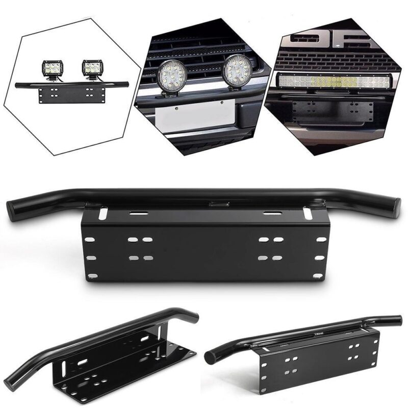 Bullbar aluminiu vopsit in camp electrostatic cu suport numar si proiectoare pentru vehicule offroad, culoare Neagra