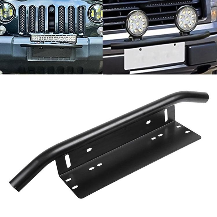 Bullbar aluminiu vopsit in camp electrostatic cu suport numar si proiectoare pentru vehicule offroad, culoare Neagra