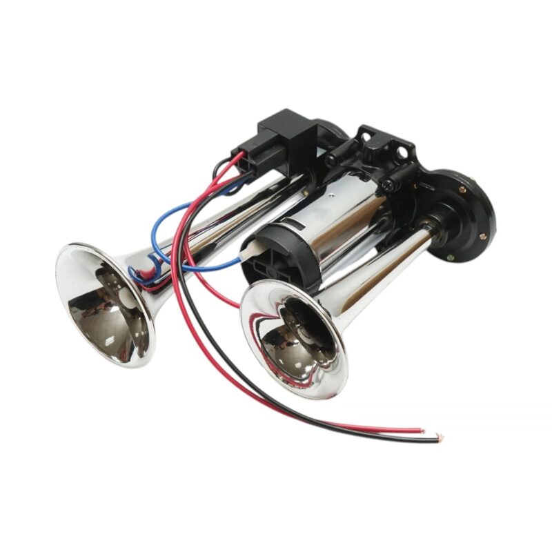 Claxon bitonal cu 2 goarne, Super Puternic, 178db, alimentare 12V cu compresor electric inclus, culoare Crom/Negru
