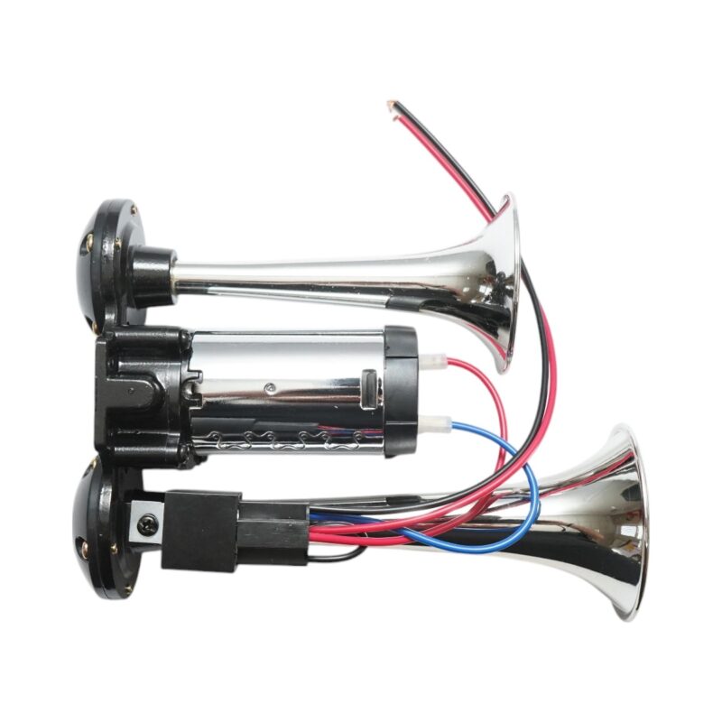Claxon bitonal cu 2 goarne, Super Puternic, 178db, alimentare 12V cu compresor electric inclus, culoare Crom/Negru