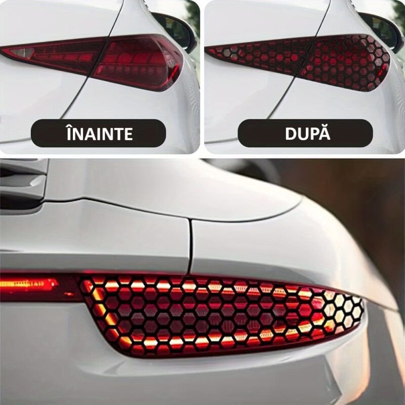 Set 2 folii autoadezive decupate pentru decorarea stopurilor auto, dimensiune 2 x 48 x 30cm, culoare Negru Mat, model honeycomb