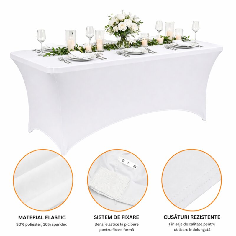 Husa pentru masa dreptunghiulara, culoare alba, elastica, dimensiune 152 x 70 x 74cm