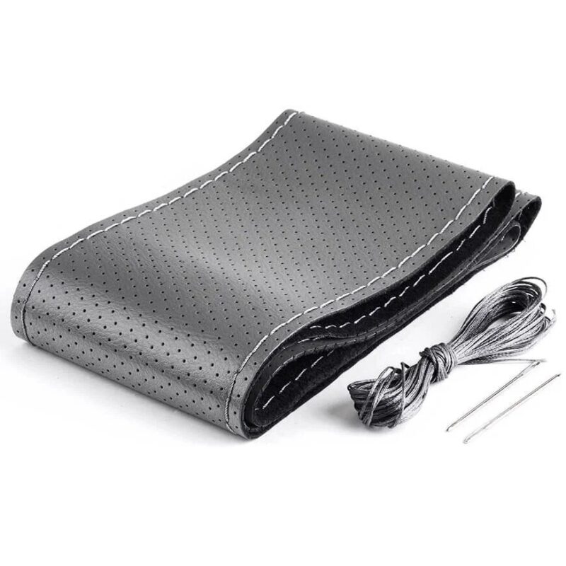 Husa volan din piele gri + ata gri, diametru 37 – 39 cm (se coase, aspect original)
