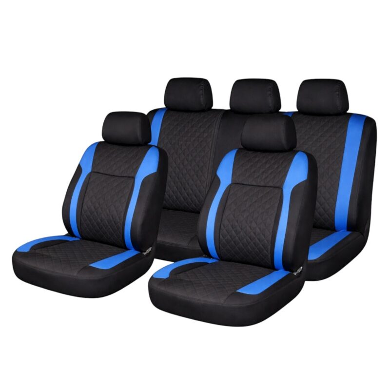 Set huse scaune auto Premium, model diamond drive, design Sportiv, universale, ergonomice, Piele Ecologica Matlasata, culoare Negru/Albastru
