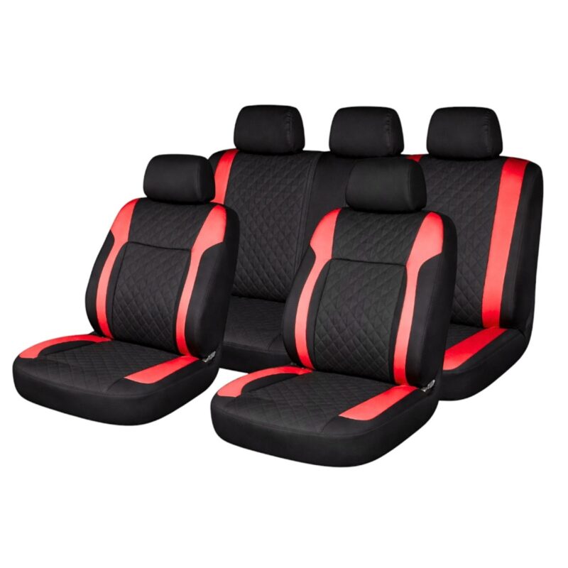 Set huse scaune auto Premium, model diamond racer, design Sportiv, universale, ergonomice, Piele Ecologica Matlasata, culoare Negru/Rosu