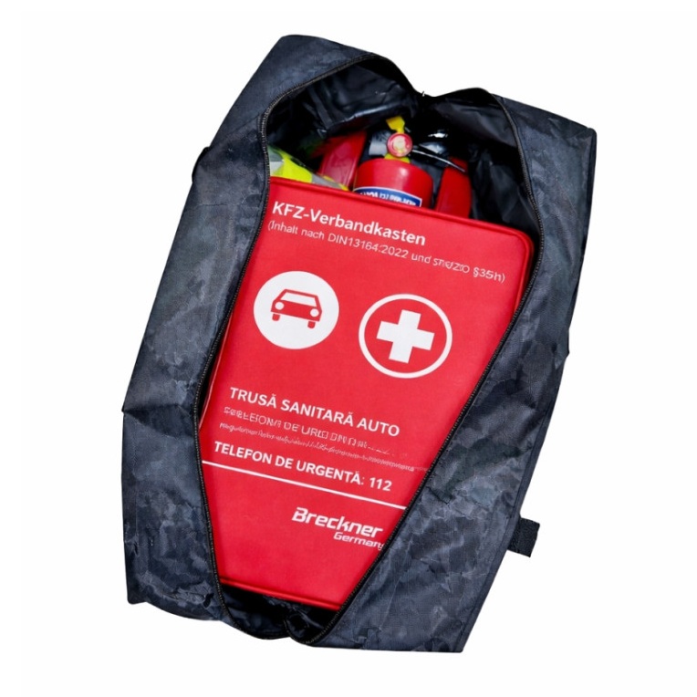Kit 6 piese „Siguranta Rutiera” compus din Stingator, Trusa Medicala, Triunghi Reflectorizant, Vesta Reflectorizanta si Geanta de depozitare