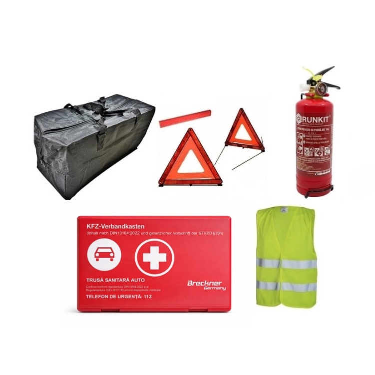 Kit 6 piese „Siguranta Rutiera” compus din Stingator, Trusa Medicala, Triunghi Reflectorizant, Vesta Reflectorizanta si Geanta de depozitare