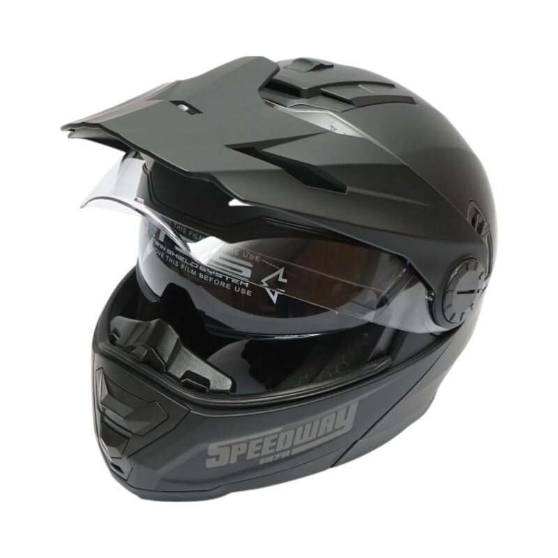 Casca motocross integrala negru mat cu viziera transparenta si ochelari de soare, marimea L, model LION